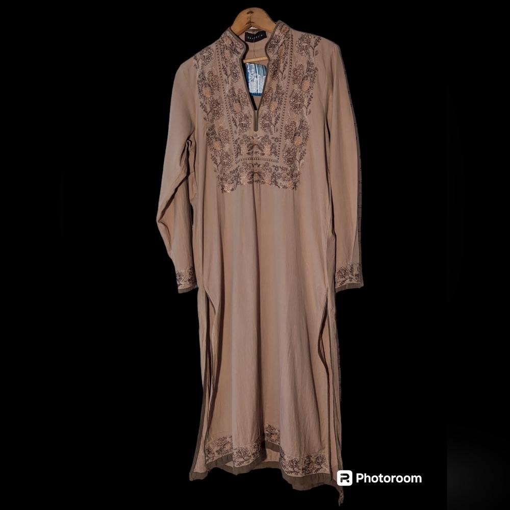 🤎 NWT Khaadi 16 Women's Dress Maxi 100% cotton beige Mocha embroidery